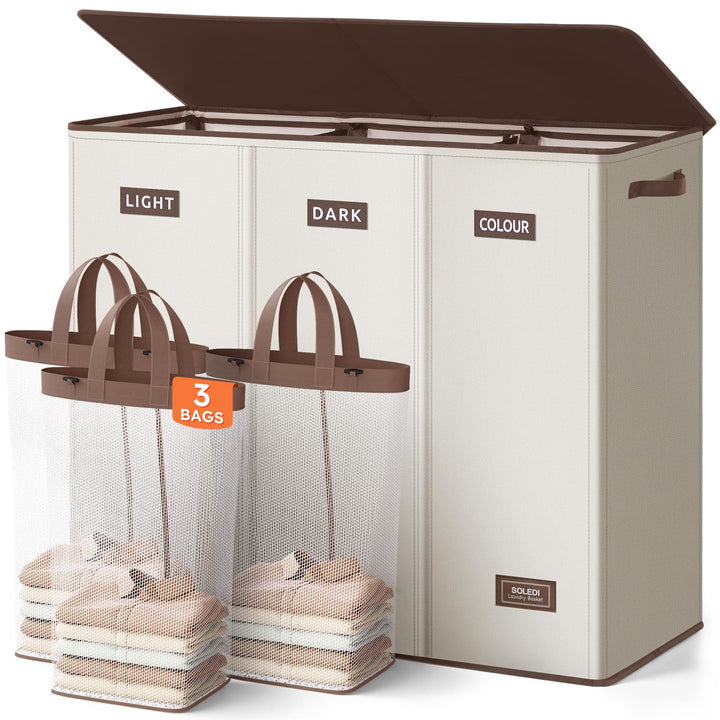 SOLEDI 200L Wäschekorb, Wäschesammler 3 fächer mit Deckel und 3 Wäschesack - Wäschesortierer Gross X