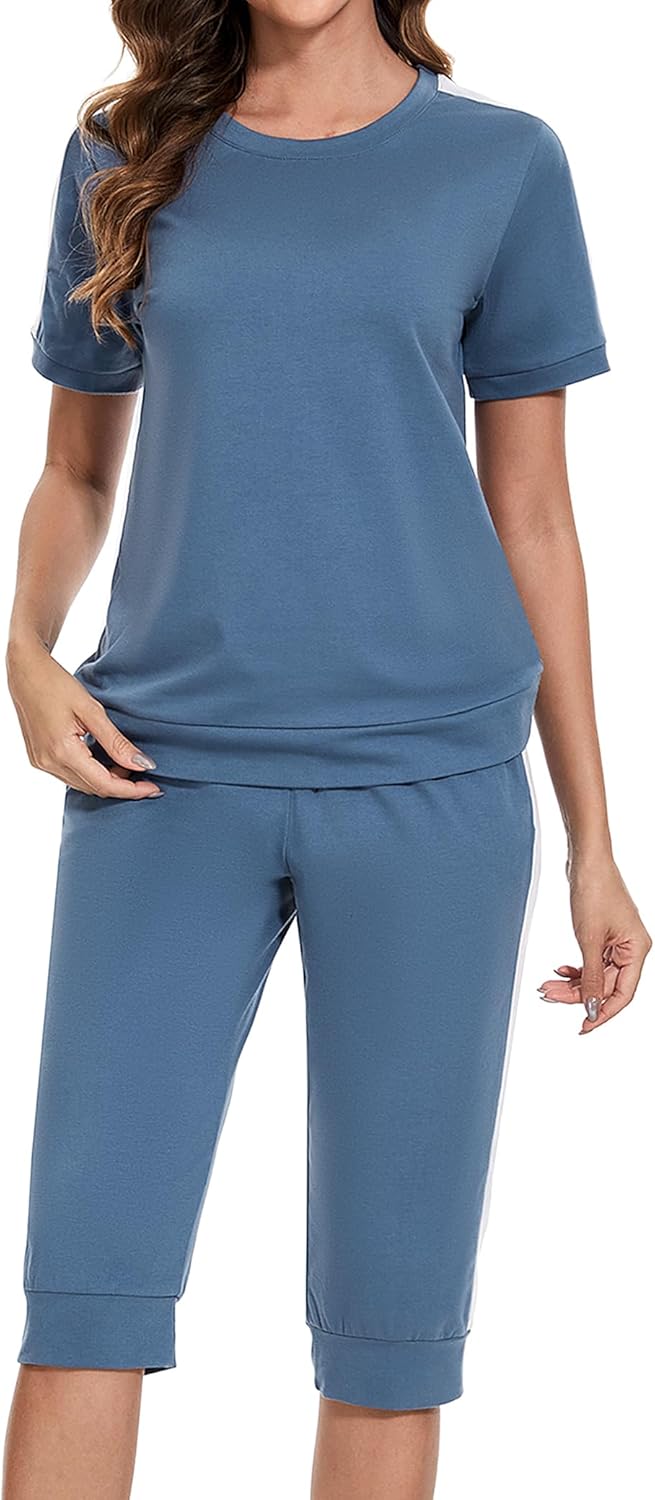Jogginganzug Damen Set Rundhals Kurze Ärmel Trainingsanzug Zweiteiler Elegant Hausanzug Freizeitanzu