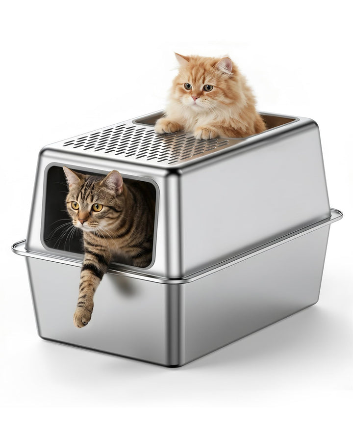 Katzenklo Edelstahl mit Deckel, Geschlossenes Katzentoilette Vollmetall Gross XXL, Katzenklo mit Hoh
