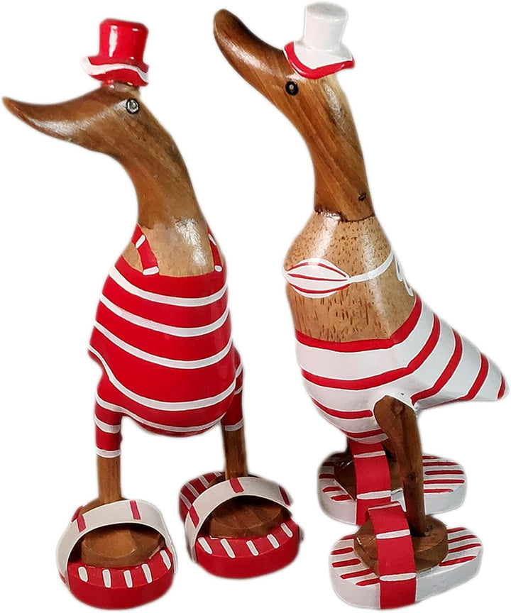 ART-CRAFT 2X Holz Ente Lauf Ente Gartendeko Figur aus Bambus Wurzel und Teak Holz rot Bikini Paar ha