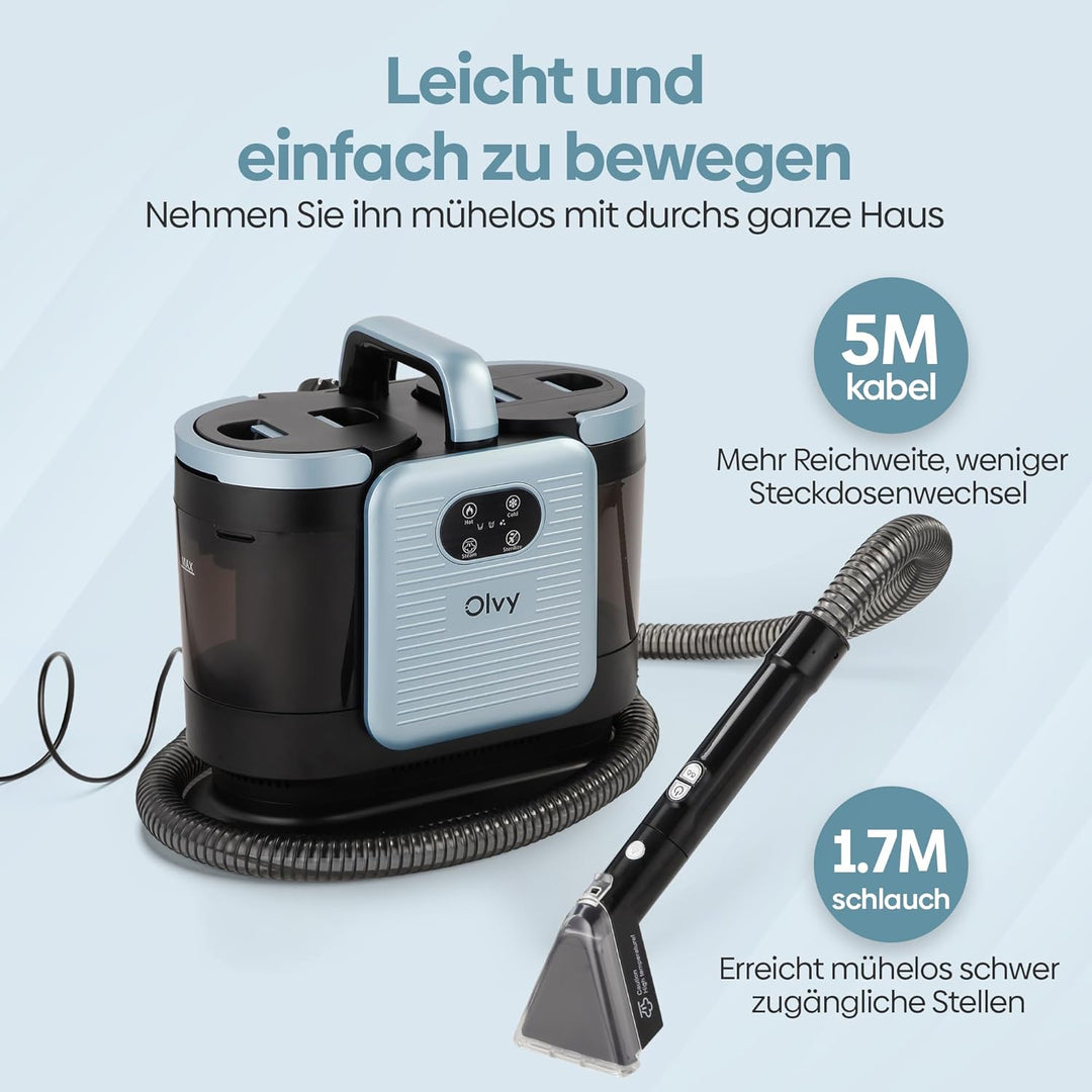 Olvy Teppichreiniger PRO – Nasssauger Polsterreiniger mit Dampf – 100°C Steam Cleaner – Sofa Reinige
