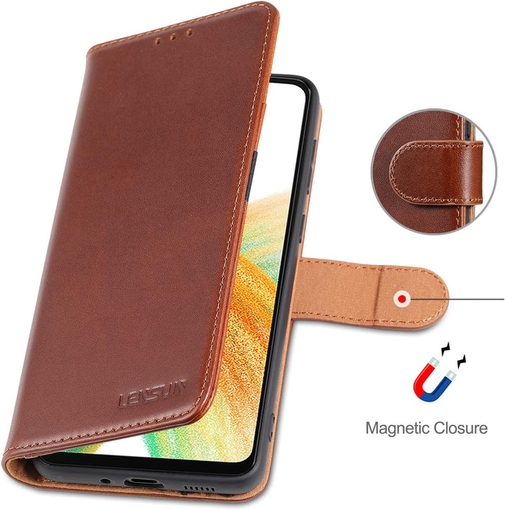 LENSUN Echtleder Hülle für Samsung Galaxy A33, Handyhülle [Echtes Leder] [Magnetverschluss] [RFID Sc