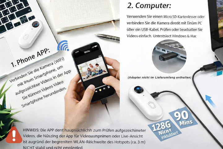 4K Mini Action Kamera mit 360° Drehclip, Wearable Body Cam & Mini Sportkamera, Tragbare Video Kamera