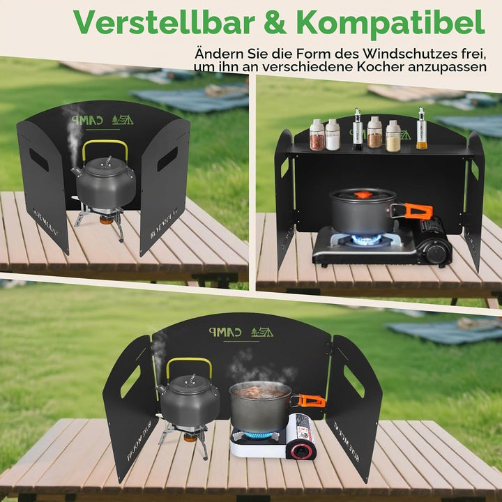 Campingkocher Windschutz Outdoor Windschutzscheibe:GEEKHOM 3-Panel Stahl Faltbarer Windblocker mit K