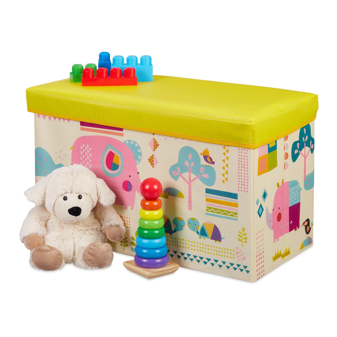 Relaxdays Sitzbox Kinder, Faltbare Aufbewahrungsbox mit Stauraum, Deckel, Motiv Tiere, Jungen & Mädc