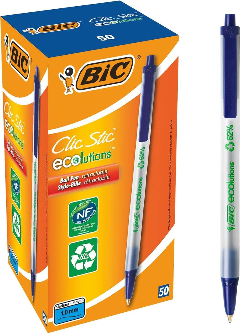 BIC Kugelschreiber Set ECOlutions Clic Stic, in Blau, Strichstärke 0,32 mm, 50er Pack, Ideal für das