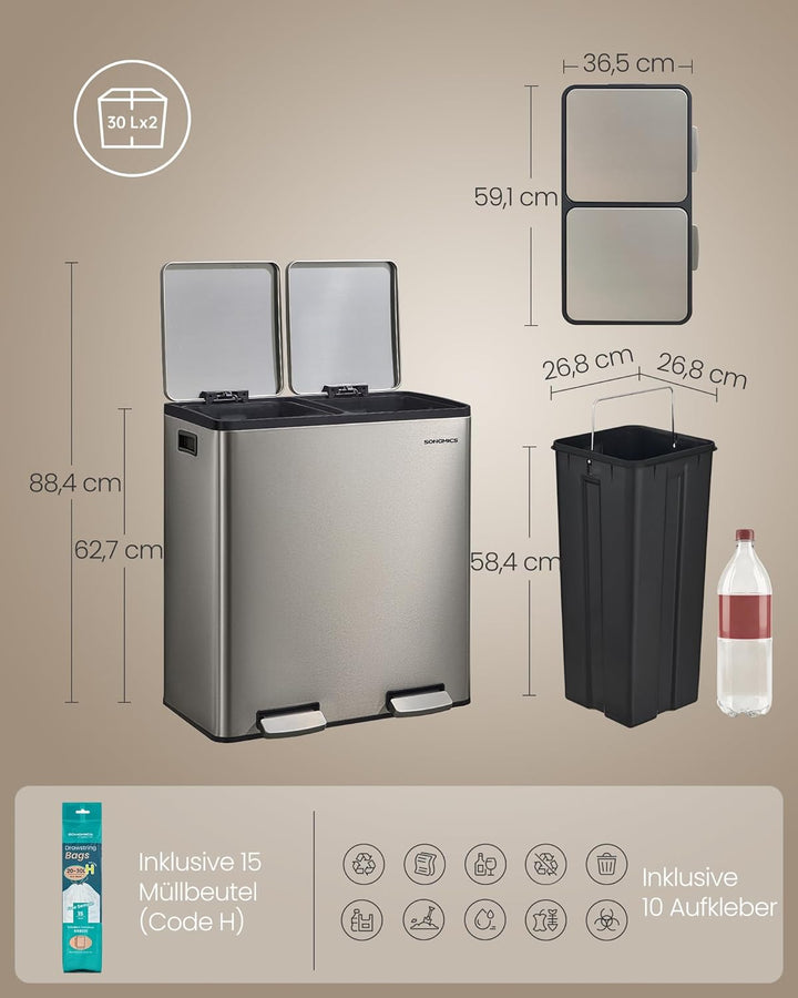 SONGMICS Mülleimer Küche, 2 x 30 L, Mülltrennsystem 2 Fächer, Abfalleimer mit 15 Müllbeuteln, Tretmü