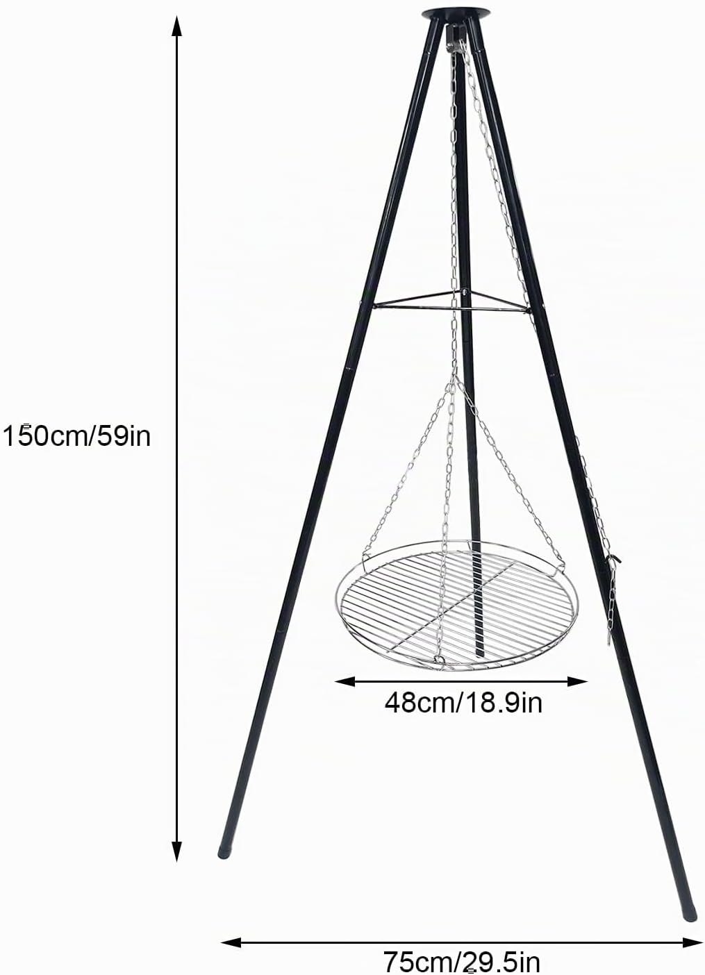 Dreibein Schwenkgrill 150 cm, Ø 48 cm 304 Edelstahl Grillplatte | Mit Kurbel &amp; Kette, Höhenverstellb
