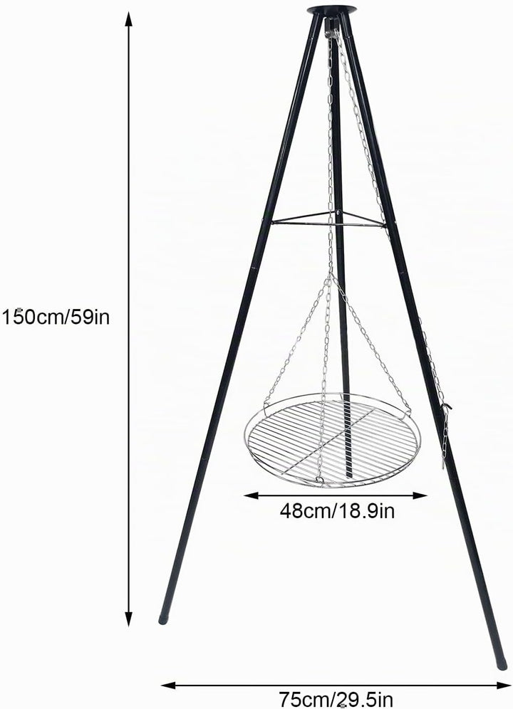 Dreibein Schwenkgrill 150 cm, Ø 48 cm 304 Edelstahl Grillplatte | Mit Kurbel &amp; Kette, Höhenverstellb