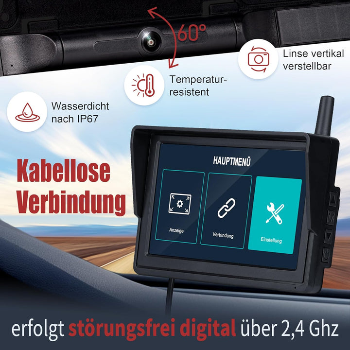 Solar Funk Auto Rückfahrsystem HD Rückfahrkamera im KFZ Nummernschild mit 5" IPS Monitor Vorne und H