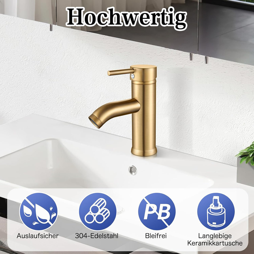 kisimixer Wasserhahn Bad Gebürstetes Gold Waschtischarmatur, Armatur Badezimmer Einhebelmischer Misc