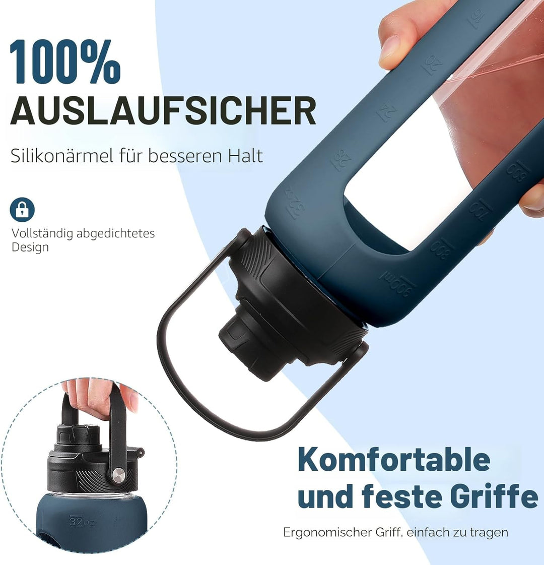 BLUEGO 900ml Glaswasserflasche mit Strohhalm und 2 Deckeln Kaffeetasse aus Glas mit Zeitmarkierung u