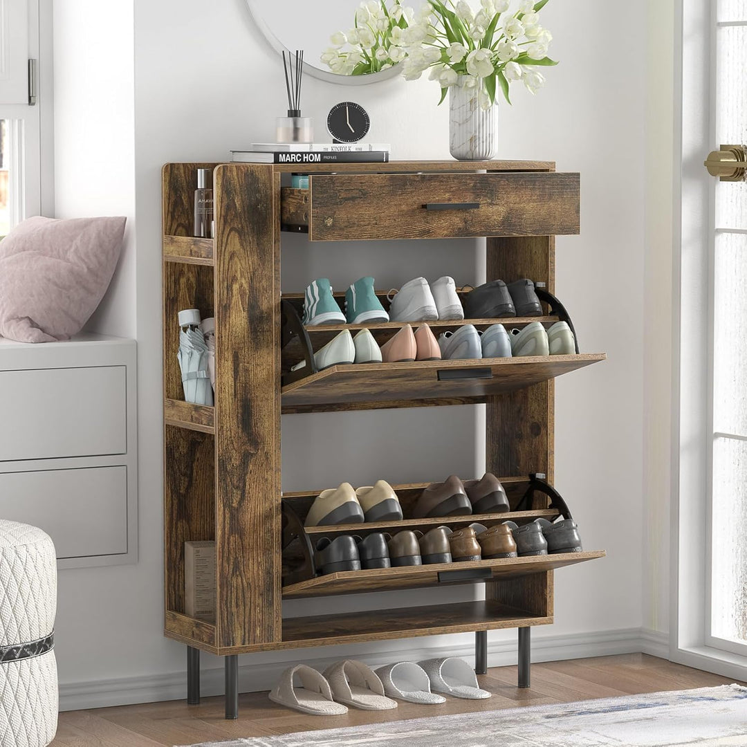 Schuhschrank mit 2 Klapptüren Mit Schubladen, Schuhaufbewahrung, Holz Schuhkipper, Schuhregal, Trenn