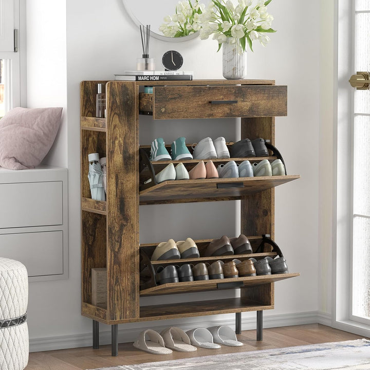 Schuhschrank mit 2 Klapptüren Mit Schubladen, Schuhaufbewahrung, Holz Schuhkipper, Schuhregal, Trenn