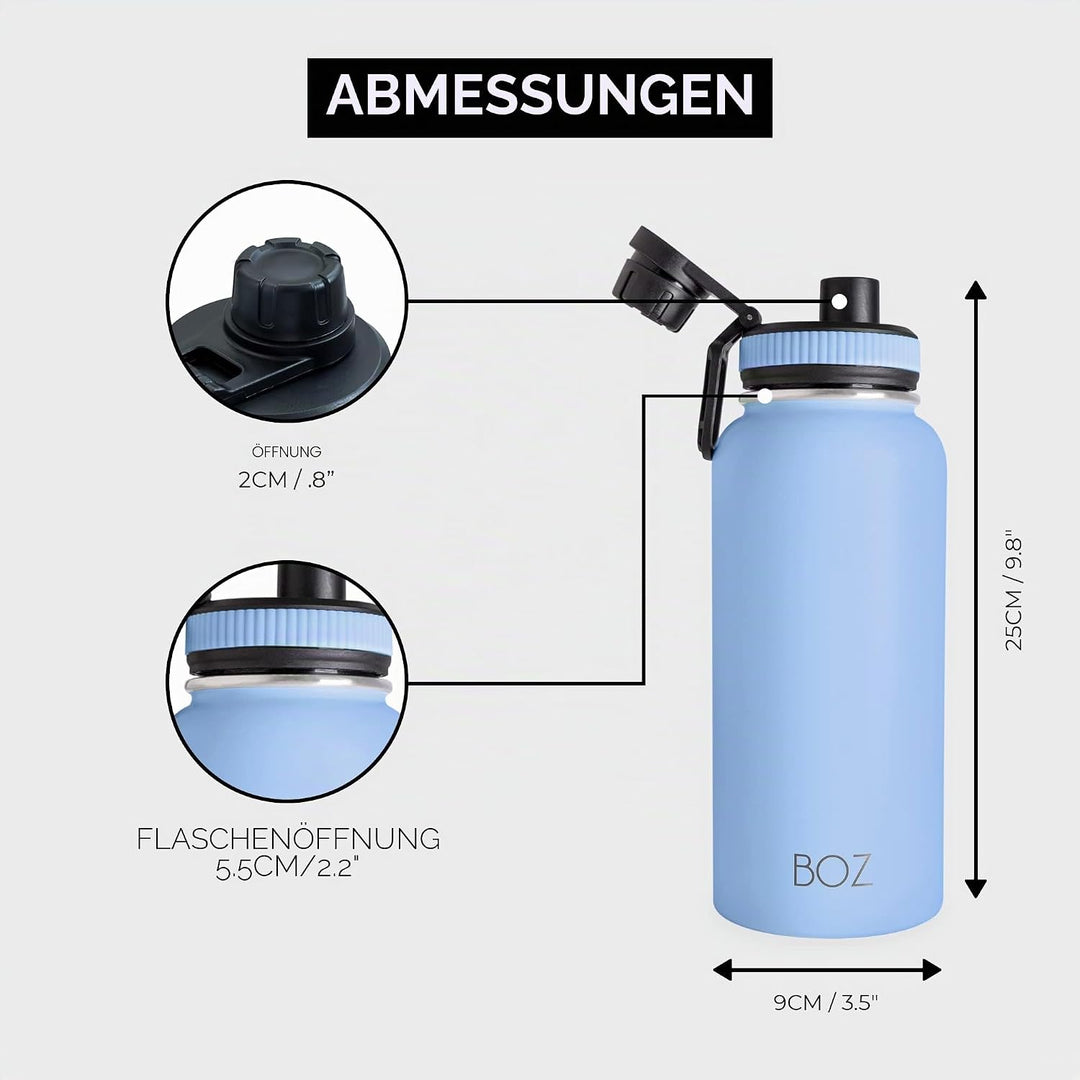 BOZ Isolierte Edelstahl-Wasserflasche mit breiter Öffnung, BPA-frei, doppelwandig, hellblau, Hellbla