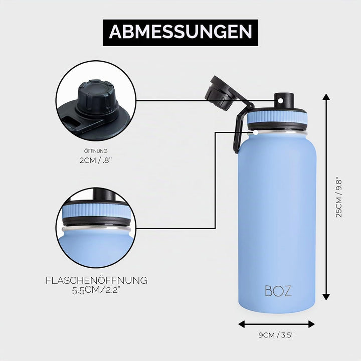 BOZ Isolierte Edelstahl-Wasserflasche mit breiter Öffnung, BPA-frei, doppelwandig, hellblau, Hellbla