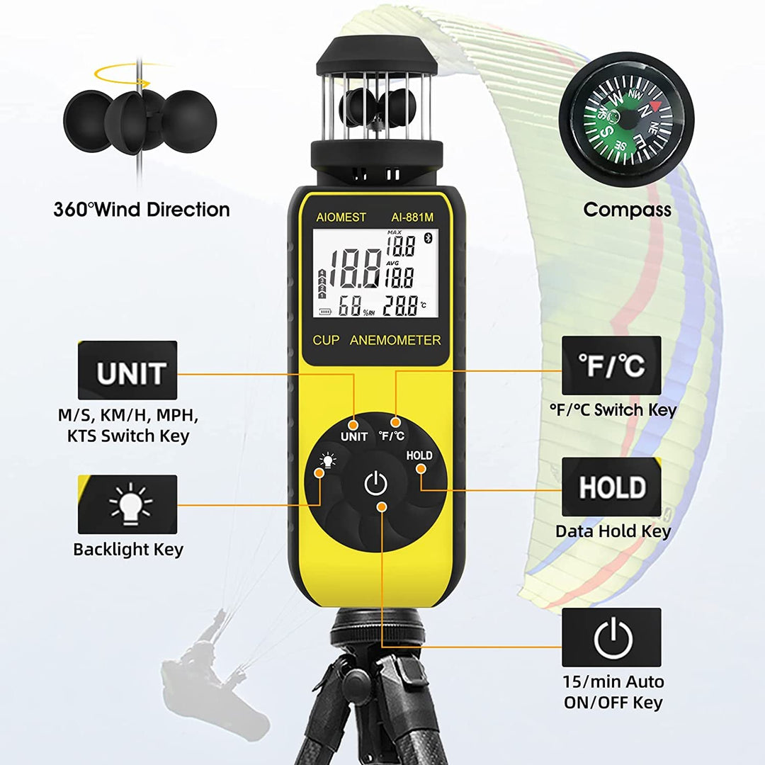 AIOMEST Windmesser Windmessgerät, 881M Digital Anemometer Handheld 4 Cups, ±4% Hoher Genauigkeit Win
