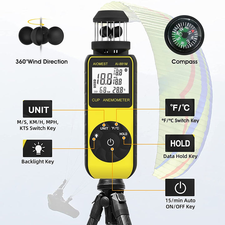 AIOMEST Windmesser Windmessgerät, 881M Digital Anemometer Handheld 4 Cups, ±4% Hoher Genauigkeit Win