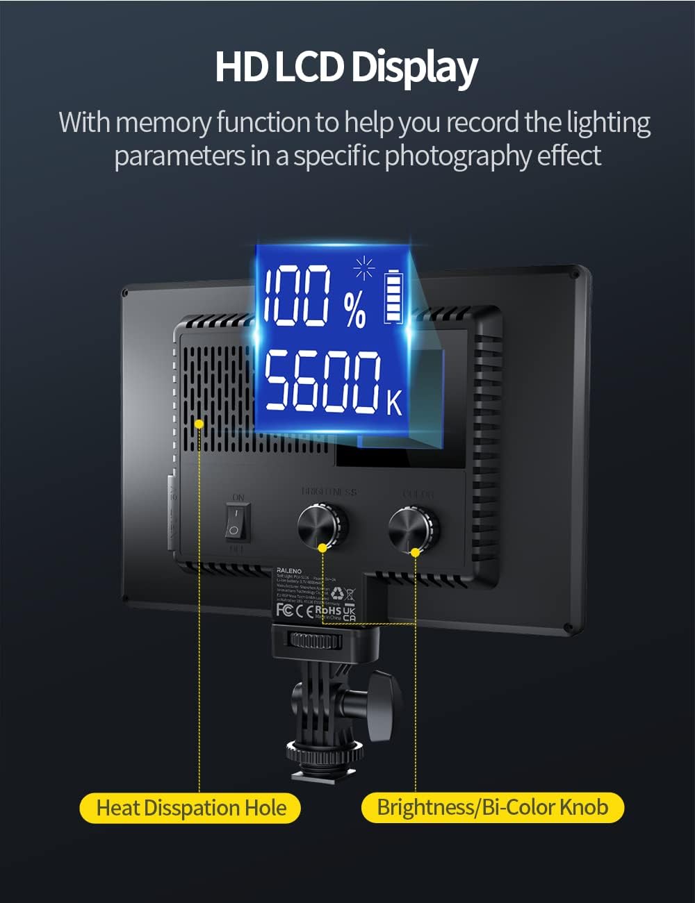 RALENO LED Kamera Video Licht, Eingebauter Wiederaufladbare Batterien 3200K-5600K Dimmbarer Zweifarb