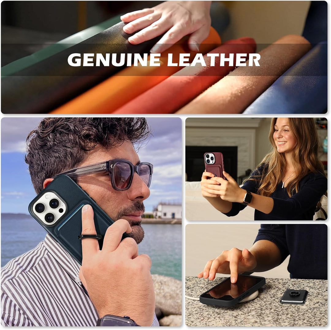 SHIELDON Hülle für iPhone 15 Pro Handyhülle Handy Kartenhalter [Echtleder] [2-IN-1 ] [Kabellos Aufla