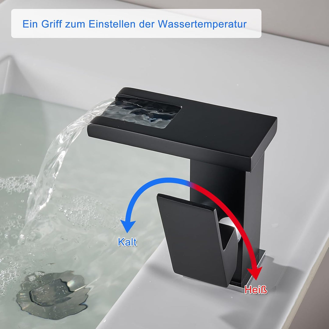 KEOKBON LED Lichter Bad Wasserhahn Schwarz, Farbtemperatur Wasserfall Waschtischarmatur, 3 Farbe Was