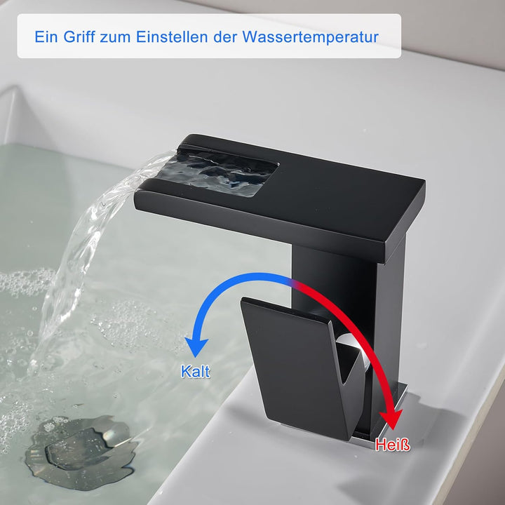 KEOKBON LED Lichter Bad Wasserhahn Schwarz, Farbtemperatur Wasserfall Waschtischarmatur, 3 Farbe Was