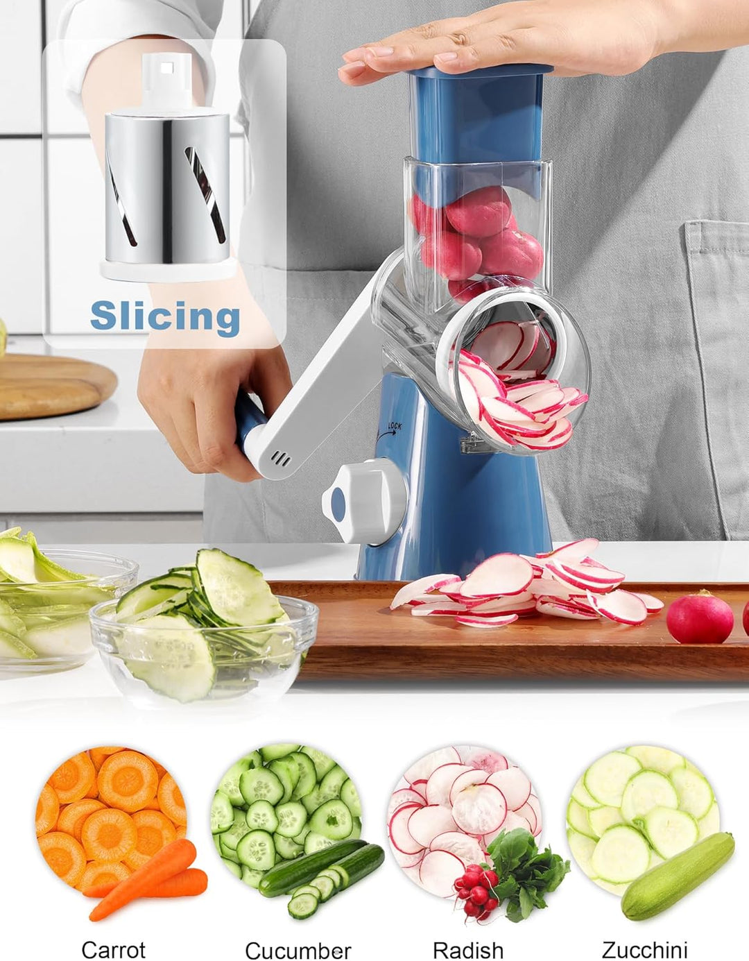 GDL Käsereibe mit Kurbel, Gemüsehobel mit 3 austauschbaren Trommelklingen, Reibe Küche Schnelles Sch