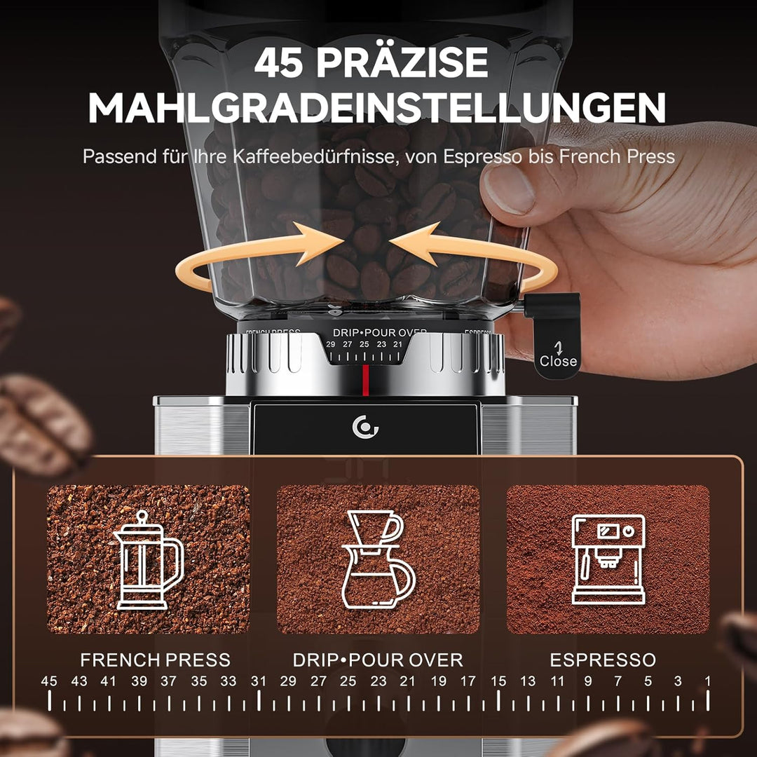 AMZCHEF Elektrische Kaffeemühle mit 45 Mahlgraden, Espresso-Mühle mit höhenverstellbarem Siebträgers