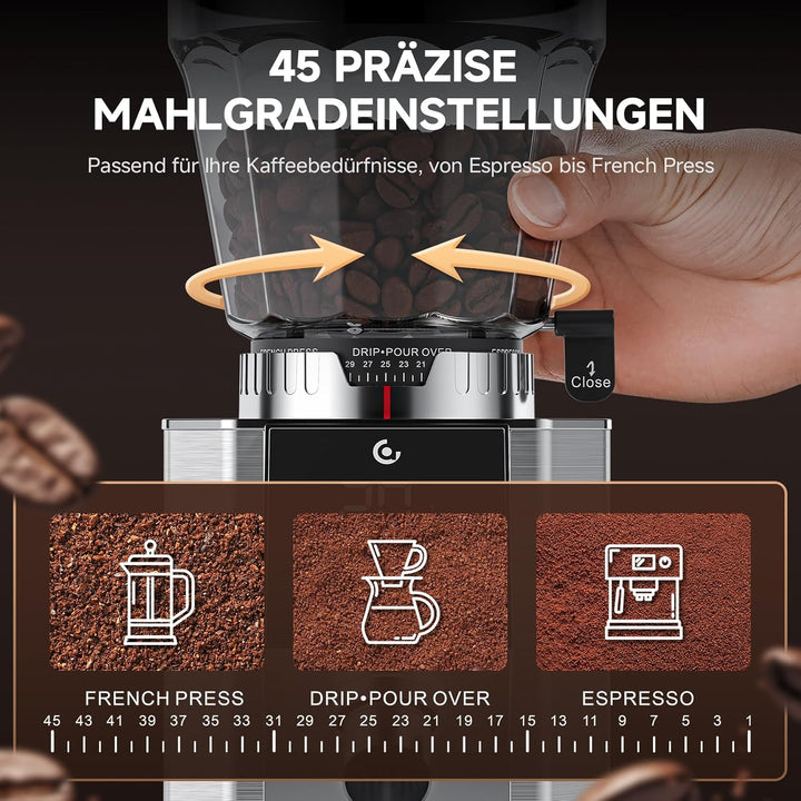 AMZCHEF Elektrische Kaffeemühle mit 45 Mahlgraden, Espresso-Mühle mit höhenverstellbarem Siebträgers