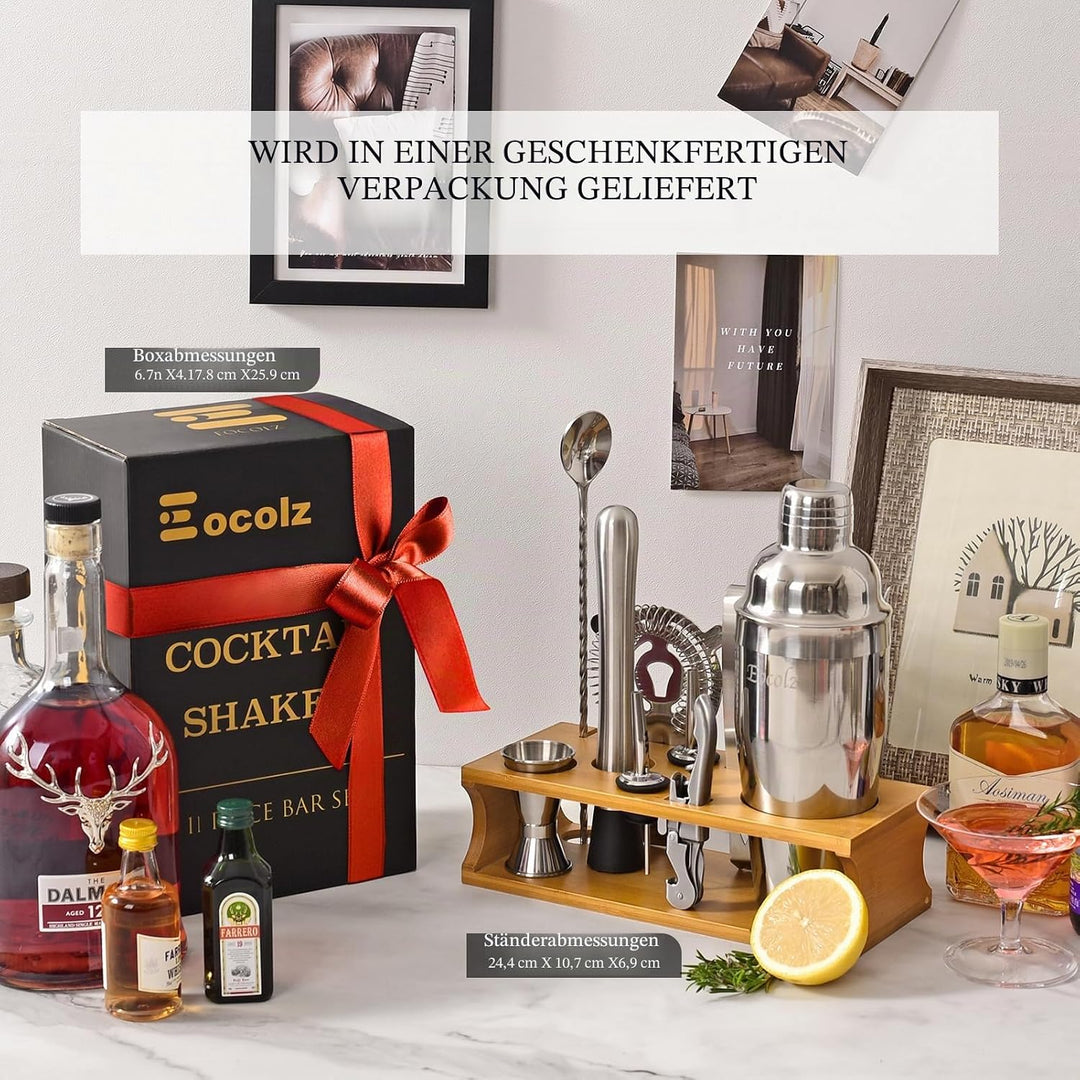 Eocolz Cocktail Shaker Set Edelstahl Barkeeper Set Bar Zubehör mit Ständer, Doppeljigger, Sieb, Bar