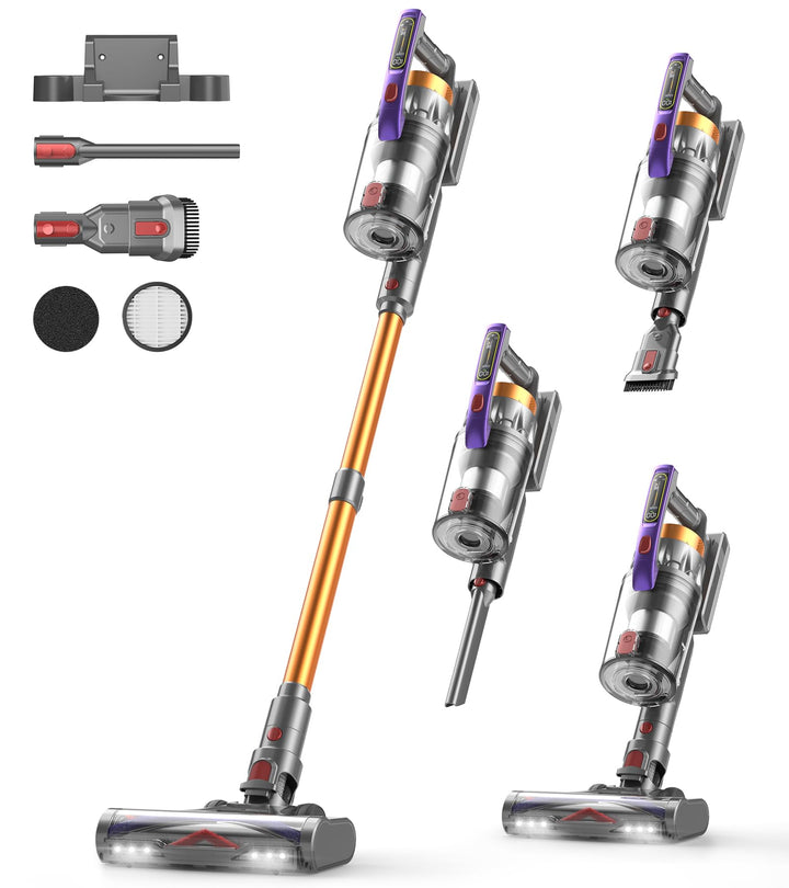 CHEBIO Akku Staubsauger 50000Pa/600W/75Min, 1.8L Staubsauger Kabellos mit Freistehender, LED Display