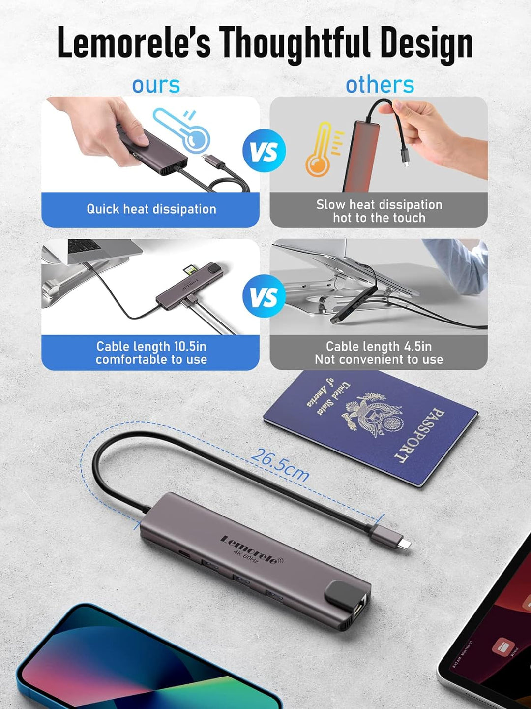 Lemorele Aluminiumgehäuse USB-C Hub Docking Station11-in-1-4K@60Hz HDMI, Gigabit Ethernet, 100W PD,