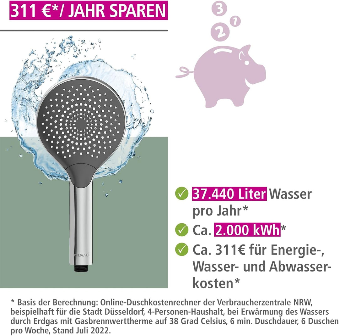 WENKO Wasserspar Duschkopf Watersaving, wassersparende Universal-Handbrause, Duschbrause mit nachhal