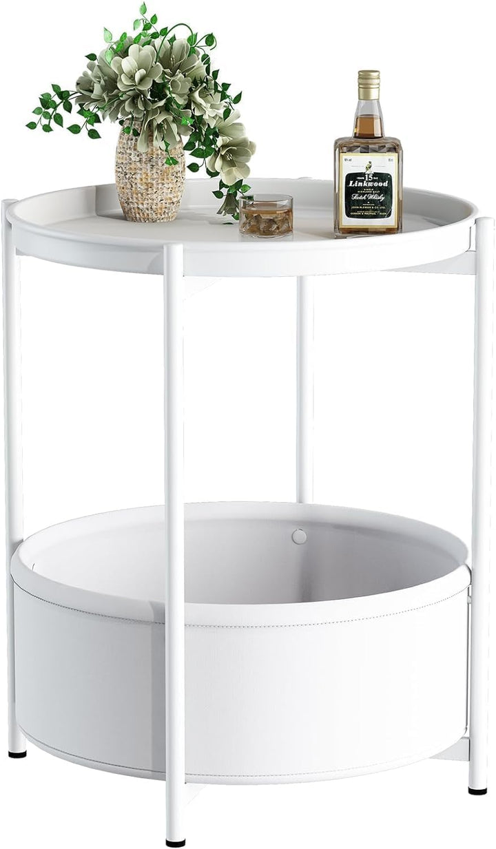 Beistelltisch Rund, Kleiner Tisch, Metall Balkontisch, Sofatisch 2 Ebenen, Couchtisch mit Korb aus S