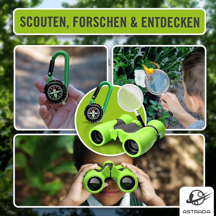 ASTRADA® Fernglas für Kinder [XXL Entdecker-Set] Robustes Kinderfernglas ab 3 Jahre mit Lupe, Kompas