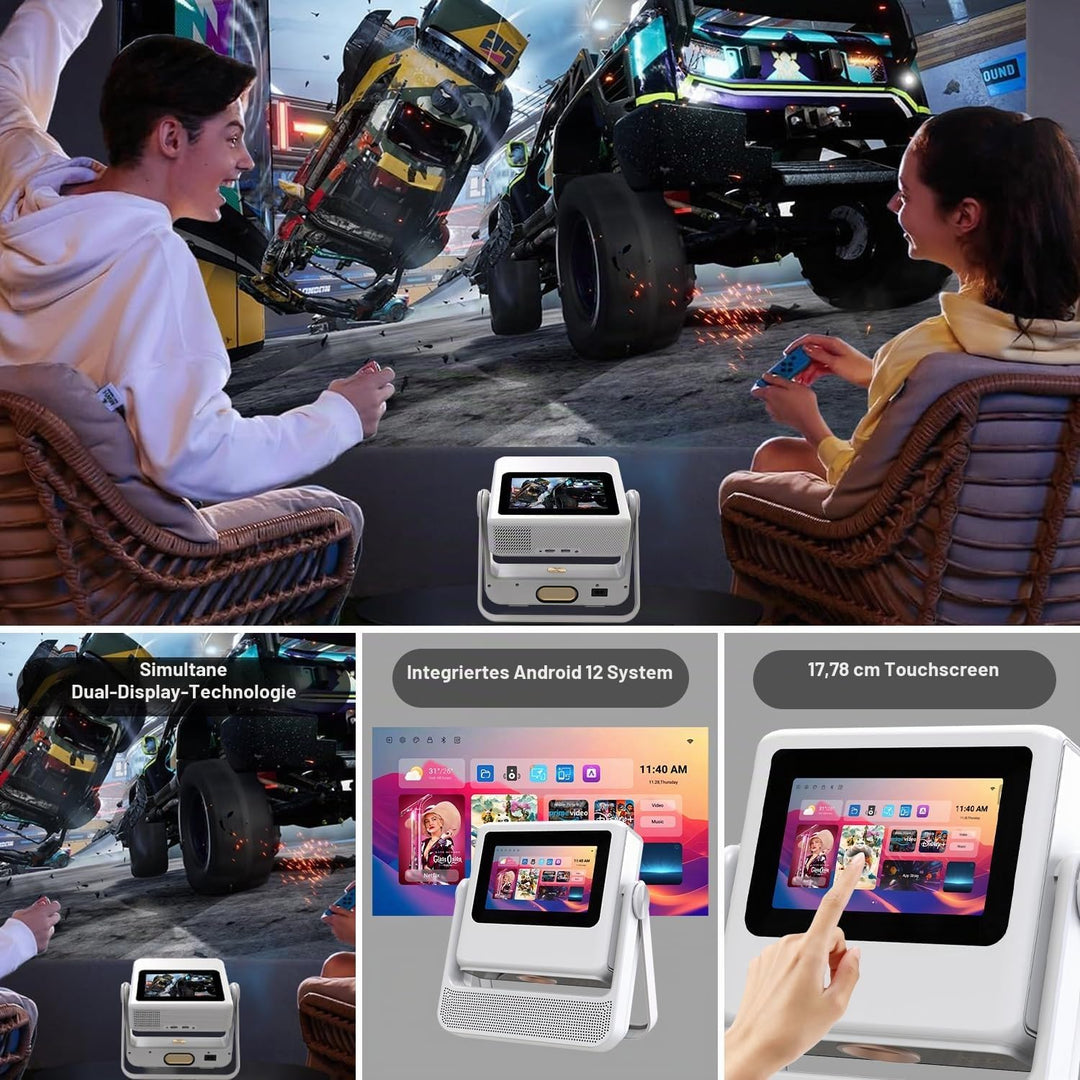 Smart Mini Beamer 4K-Unterstützung mit Touchscreen, 1100ANSI Outdoor Projektor, Autofokus &amp; Trapezko