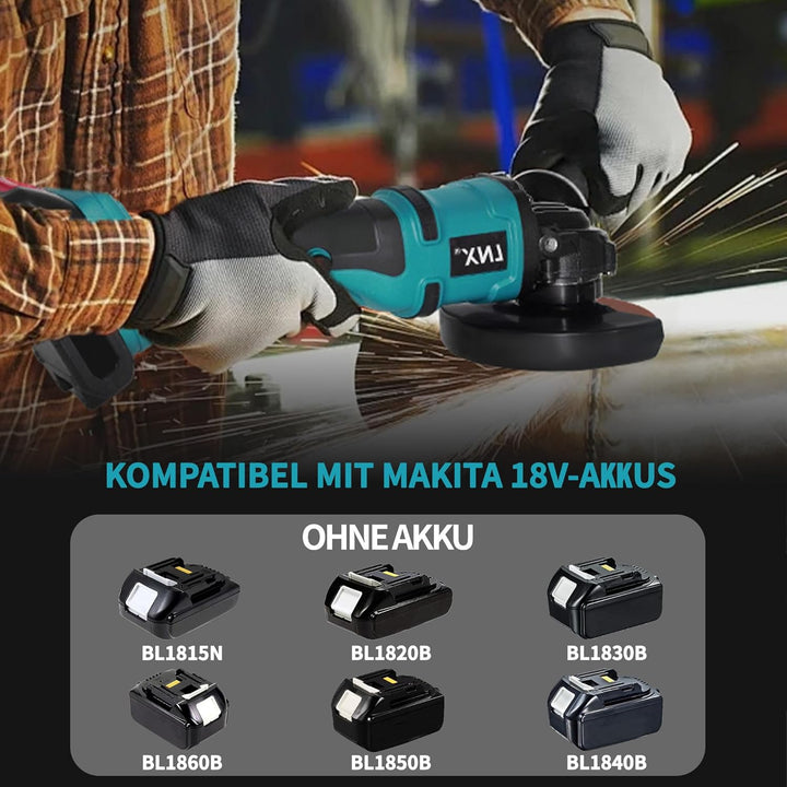 Akku-Winkelschleifer 125 mm, Akku Flex für Makita 18V Akku, 8500U/min, 3 Geschwindigkeiten, Akku-Sch