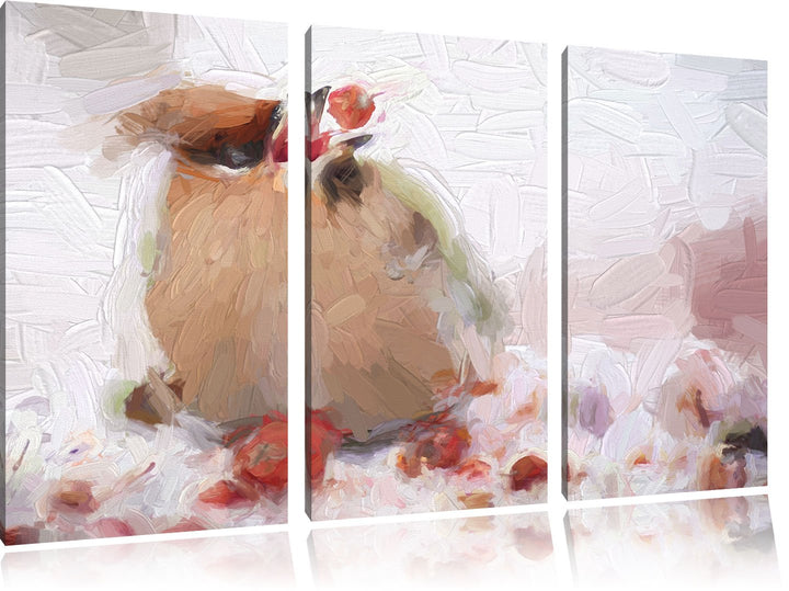 Pixxprint Kleiner Vogel im Schnee Pinsel Effekt 3-Teiler Leinwandbild 120x80 Bild auf Leinwand