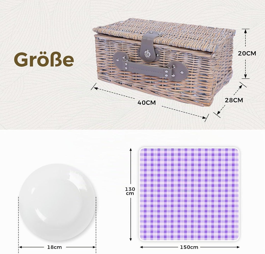 HYBDAMAI Picknickkorb Set für 4 Person mit Kühlfach und wasserdichte Picknickdecke, Abnehmbarer Riem