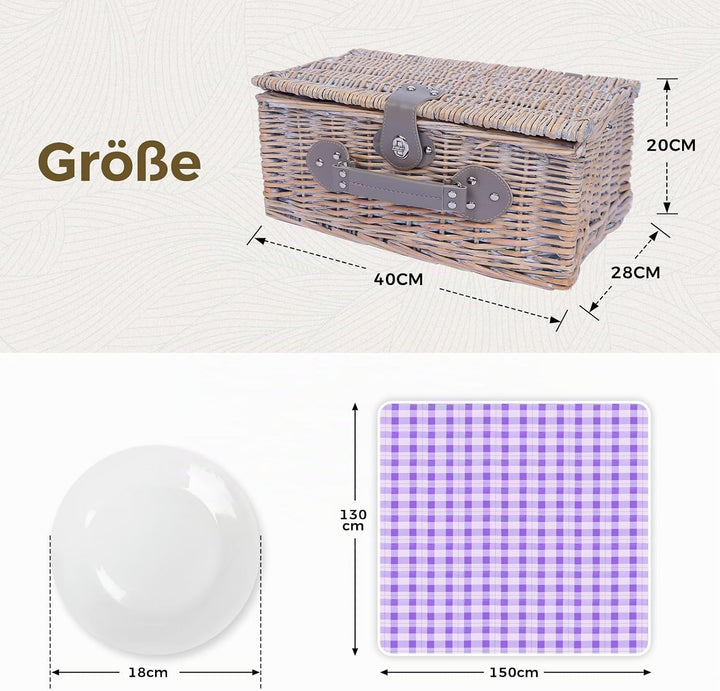 HYBDAMAI Picknickkorb Set für 4 Person mit Kühlfach und wasserdichte Picknickdecke, Abnehmbarer Riem