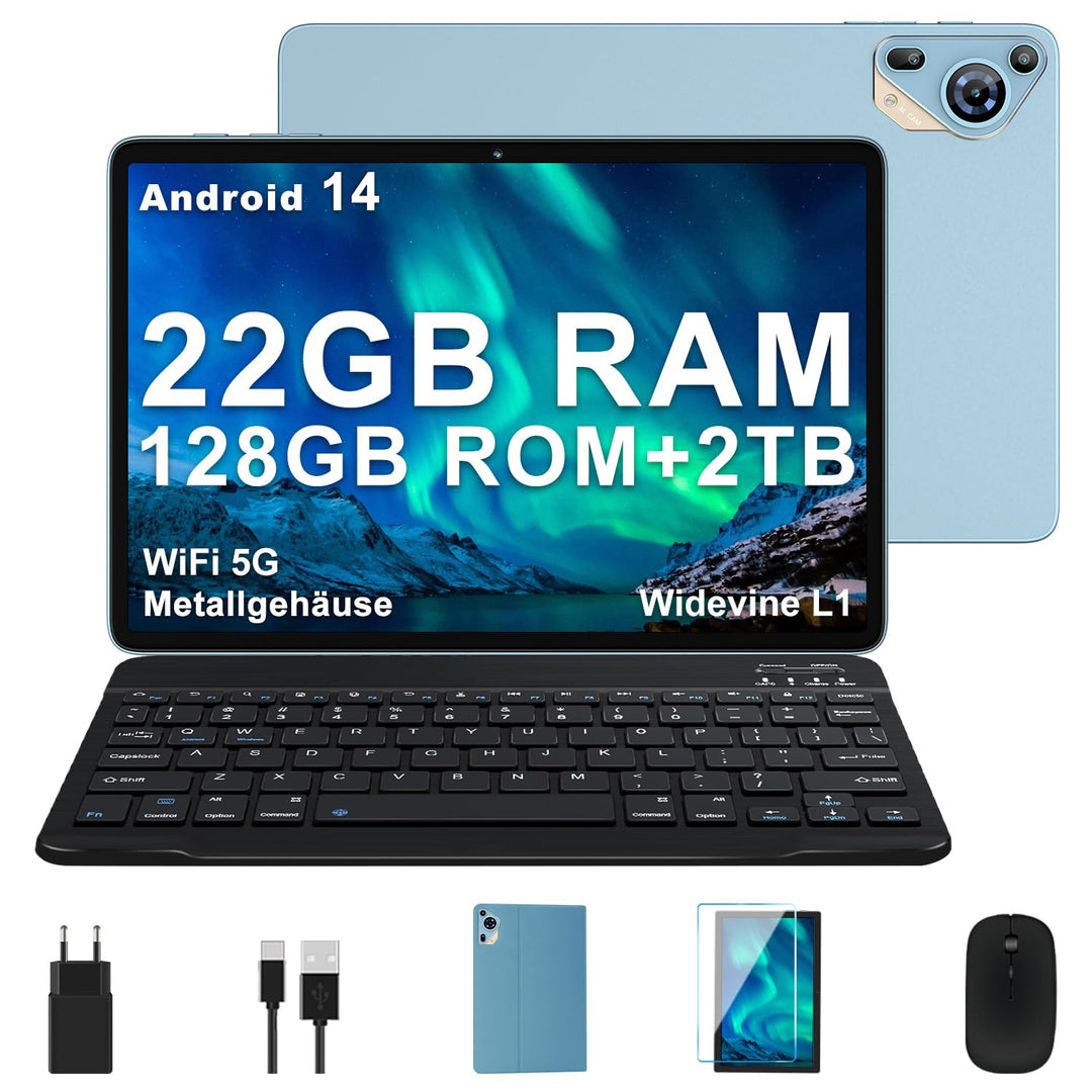 Tablet 10 Zoll Android 14, 128GB Speicher (erweiterbar), 8000mAh Akku, Tablet mit Tastatur & Maus, M
