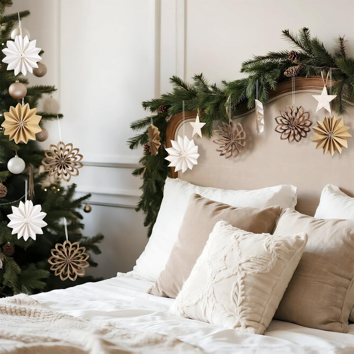 EASY JOY 9 Stück Boho weihnachtsbaumschmuck 3D Mini Weihnachten Papier Fächer Ornamente Pappsterne W