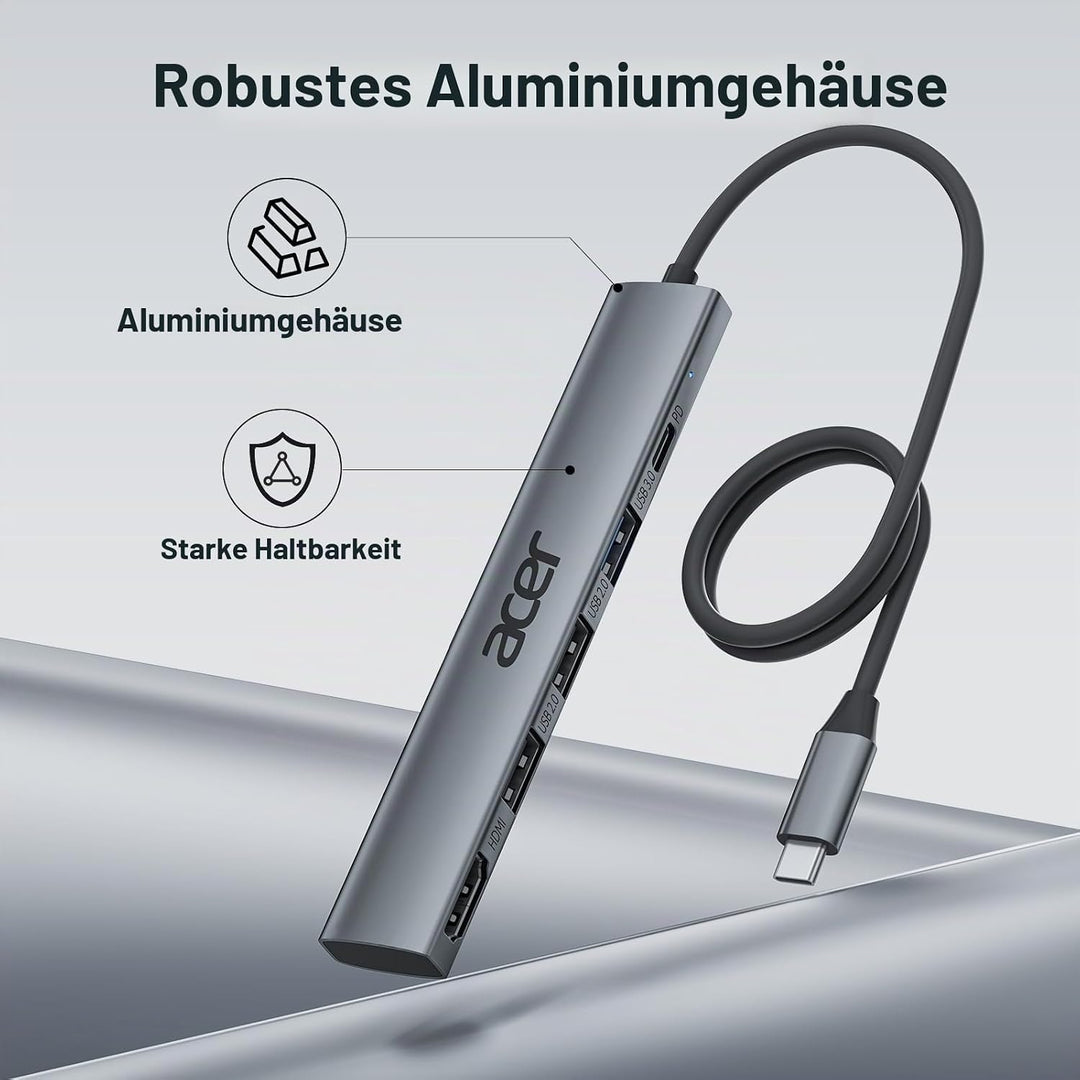 acer USB C Hub 5 in 1, Tragbarer 4K HDMI Adapter PD 100W, 3X USB-A Datenport, USB C auf HDMI Adapter