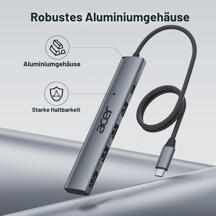acer USB C Hub 5 in 1, Tragbarer 4K HDMI Adapter PD 100W, 3X USB-A Datenport, USB C auf HDMI Adapter