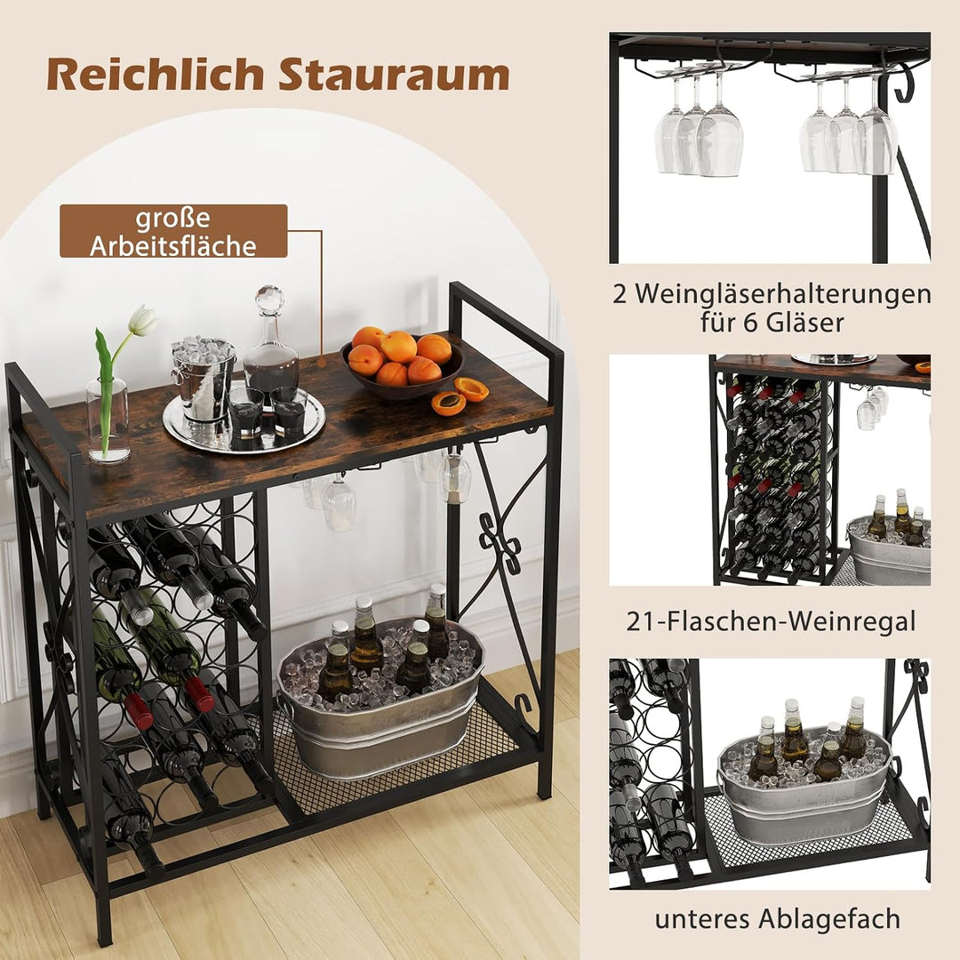 GOPLUS Weinregal für 21 Flaschen, Flaschenregal mit Weinglashalter für 6 Gläser &amp; Gitterregal, freis