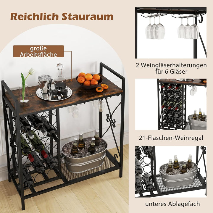 GOPLUS Weinregal für 21 Flaschen, Flaschenregal mit Weinglashalter für 6 Gläser &amp; Gitterregal, freis
