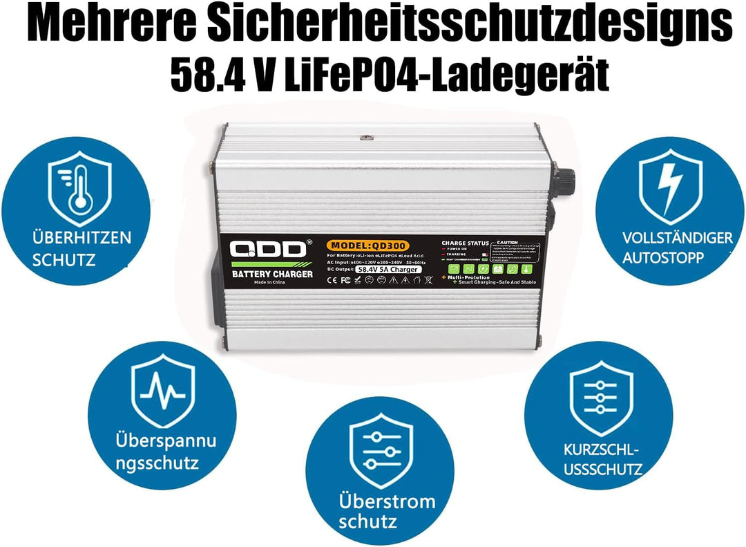 QDD 58,4 V 5 A Ladegerät 58,4 V LiFePO4 Batterieladegerät DC C13 N+ L-Anschluss für 16S 48 V LiFePO4