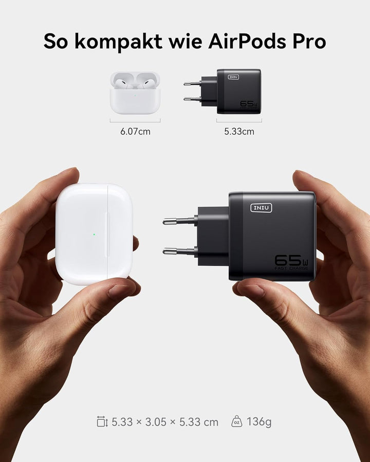 INIU 65W USB C Ladegerät, [USB-C * 2 + USB-A] Netzteil Mehrfach mit USB-C Kabel, PD 3.0 Schnellladeg