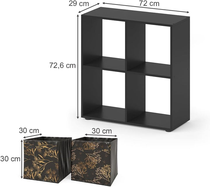 Vicco Raumteiler Tetra, stehendes Bücherregal, Schwarz, 72 x 72.6 cm mit 4 Faltboxen Opt.1 mit Faltb