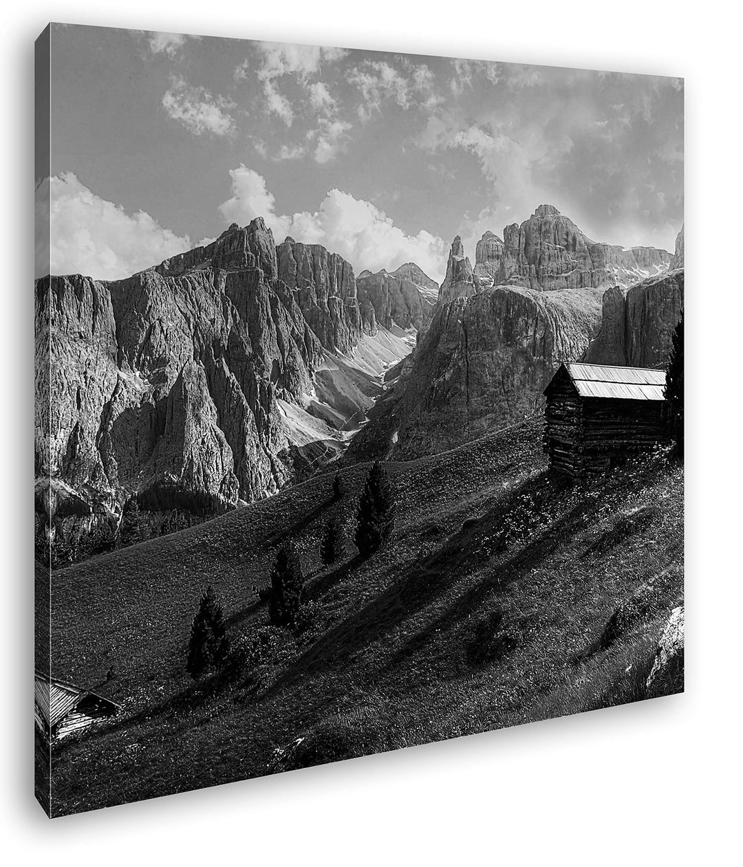 einsame Hütte in den Bergen Format: 70x70 Effekt: Schwarz&Weiss als Leinwandbild, Motiv fertig gerah